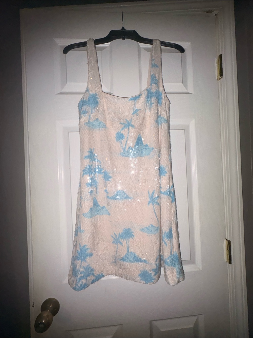 Gianni Bini Sequin Palm-Print Mini Dress - Light Pink & Sky Blue